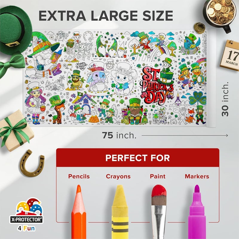 X-Protector St. Patricks Day Giant Coloring Poster 75x30 in - Large Coloring Table Cloth for Kids - Jumbo Paper Tablecloth Poster Sheet - Fun St. Patricks Day Activities for Kids & Adults! - Image 2